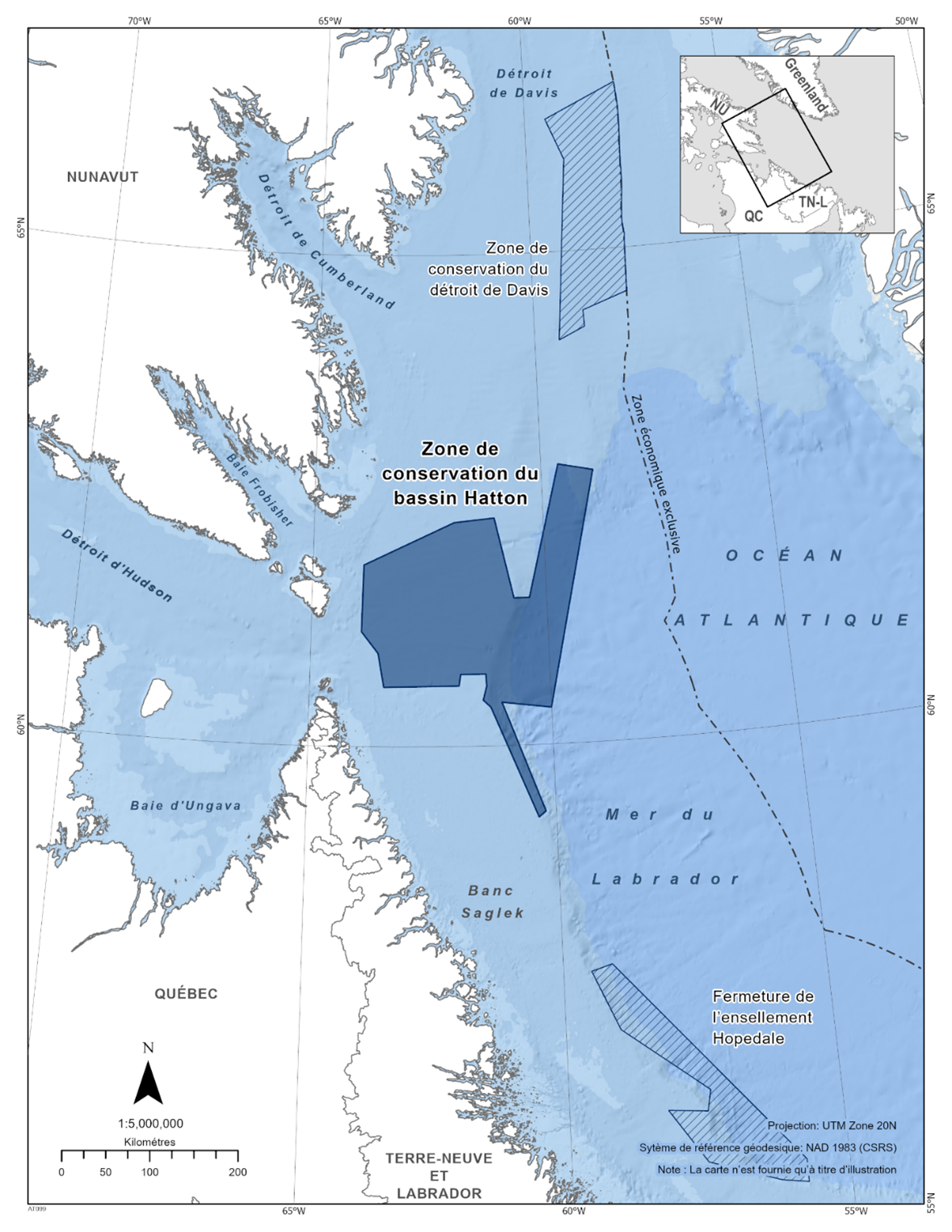 Carte de l'aire de conservation du bassin Hatton en bleu foncé. La carte présente également d'autres refuges marins à proximité avec des lignes diagonales bleu foncé (zone de conservation du détroit de Davis & fermeture de l’ensellement Hopedale). 