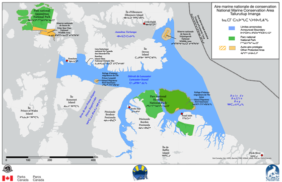 Carte de la région du 
                 Kitikmeot indiquant la zone de migration sur la banquise des 
                 caribous en jaune et les zones de voyagement sur la banquise 
                 des membres des communautés en rouge.