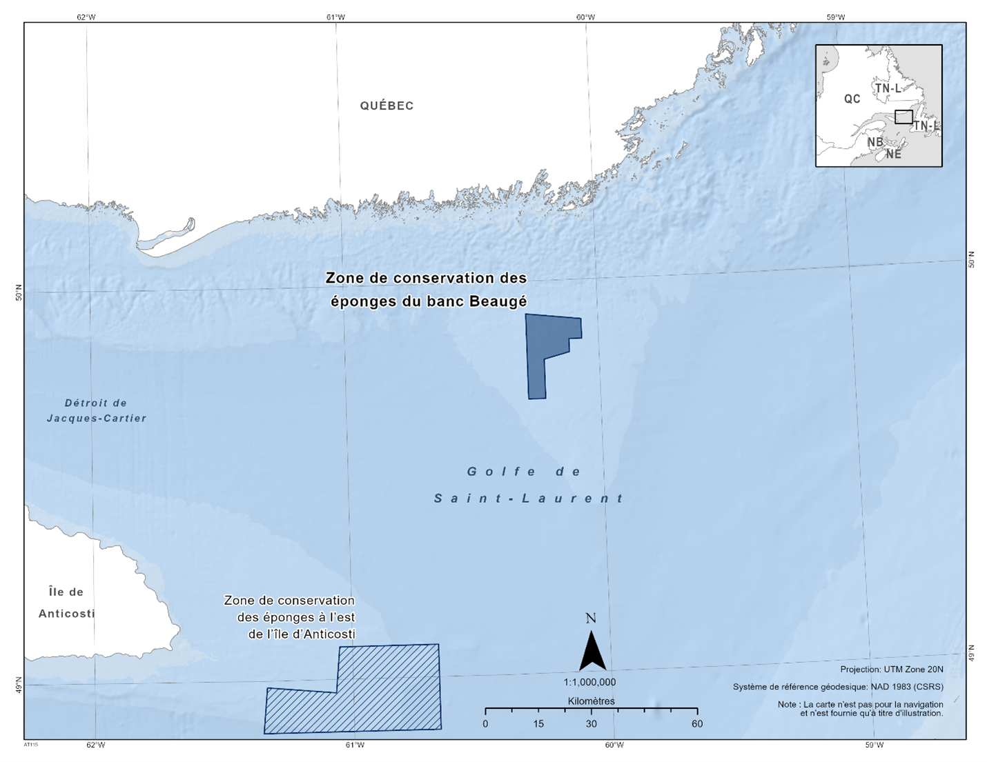 Carte de la zone de conservation des éponges du banc de Beaugé représentée en bleu foncé. La carte inclut également d'autres refuges marins dans la zone avec des lignes diagonales bleu foncé (zone de conservation de l'éponge à l'est de l'île d'Anticosti).