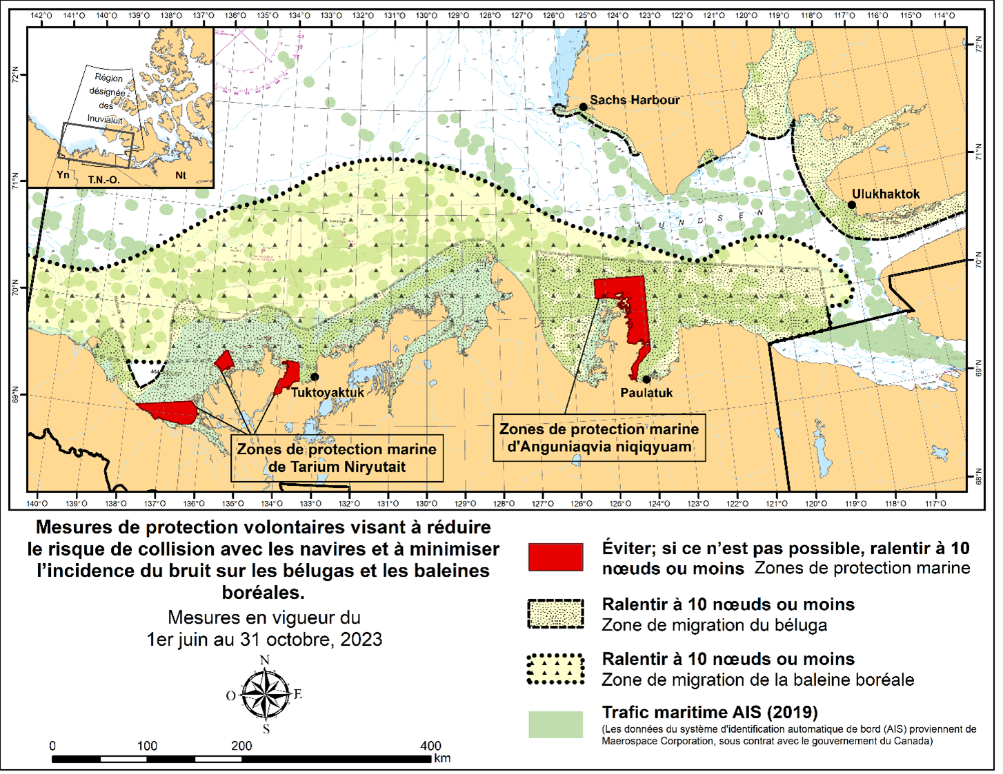 Carte des mesures de protection volontaires visant à réduire les risques de collision avec les navires et à minimiser l'impact du bruit sur les bélugas et les baleines boréales. La carte présente les aires marines protégées de Tarium Niryutait et d'Anguniaqvia niqiqyuam.