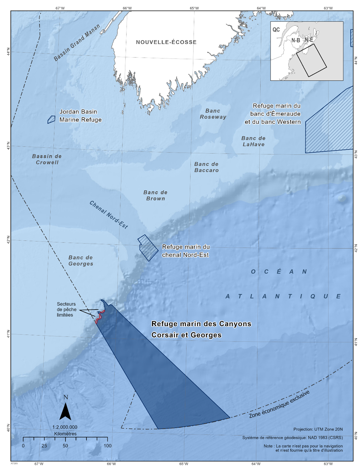Carte du refuge marin des canyons Corsair et Georges en bleu foncé. La carte inclut également les autres refuges marins en lignes diagonales bleu foncé (le refuge marin du bassin Jordan, le refuge marin du banc d'Émeraude et du banc Western, le refuge marin du chenal Nord-Est). 