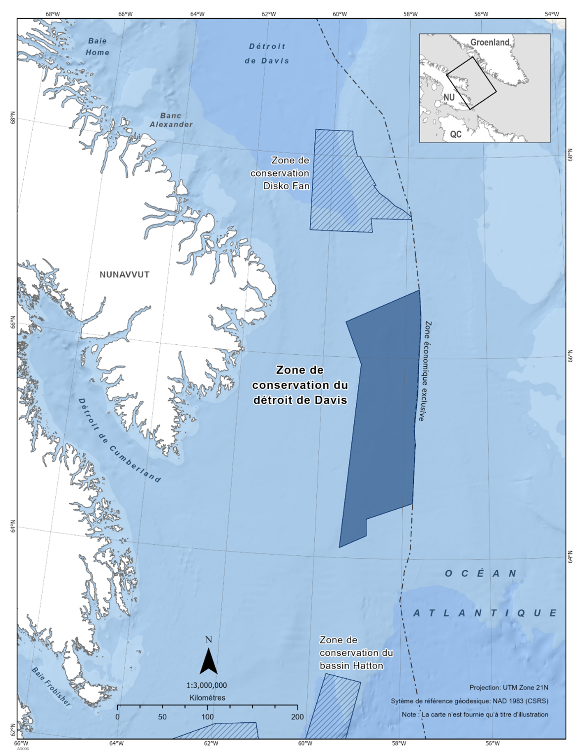 Carte de la zone de conservation du détroit de Davis en bleu foncé. La carte présente également d'autres refuges marins à proximité avec des lignes diagonales bleu foncé (zone de conservation de Disko Fan et zone de conservation de Hatton Basin). 