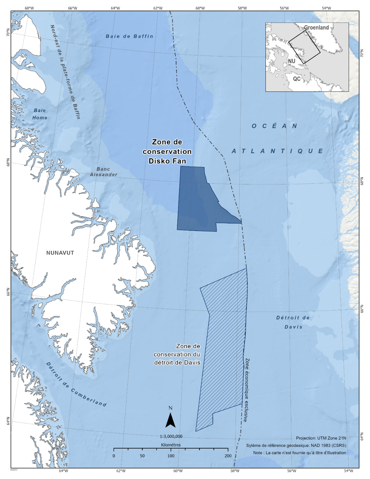 Carte de la zone de conservation de Disko Fan en bleu foncé. La carte présente également d'autres refuges marins à proximité avec des lignes diagonales bleu foncé (zone de conservation du détroit de Davis). 