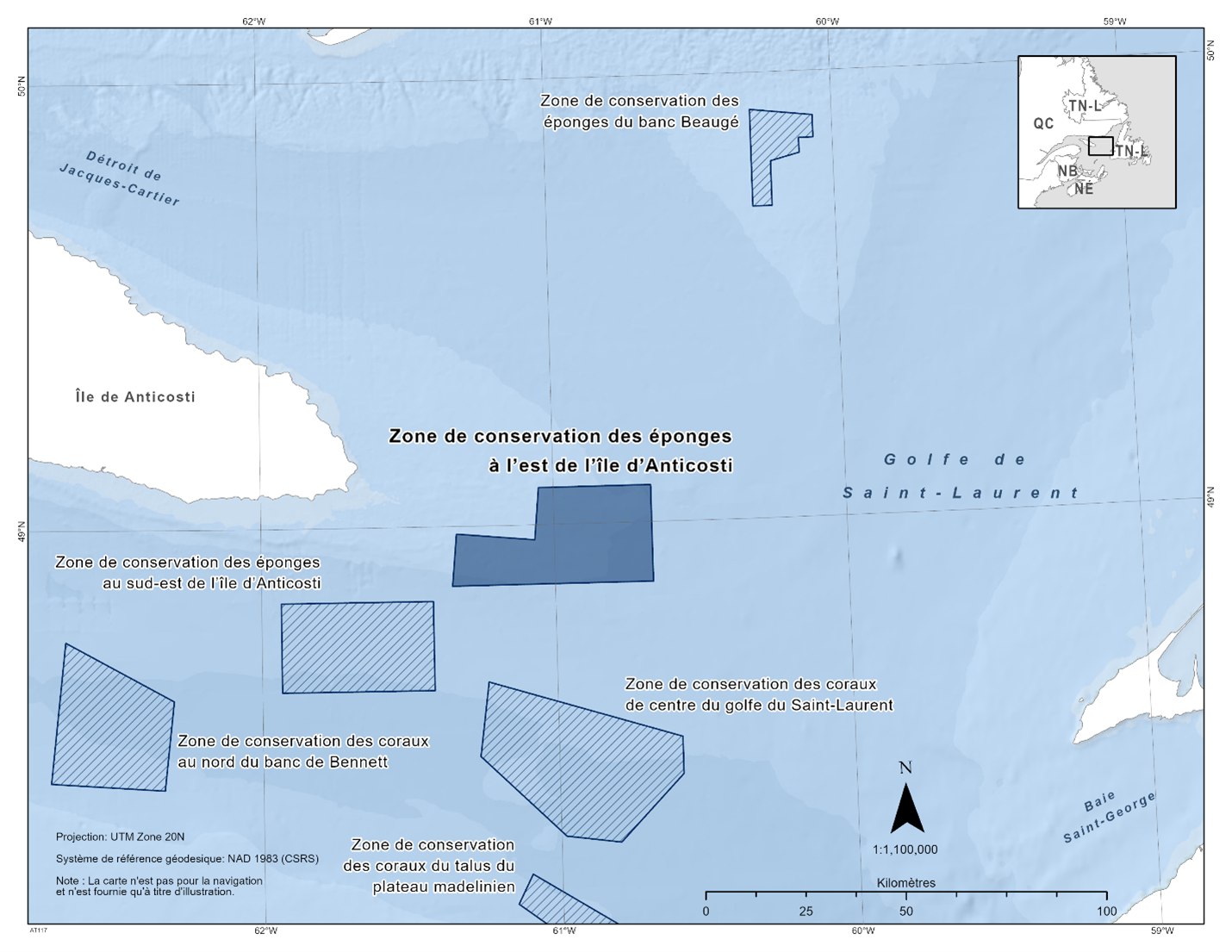 Carte de la zone de conservation des éponges à l’est de l’île d’Anticosti en bleu foncé. La carte présente également les autres refuges marins à proximité avec des lignes diagonales bleu foncé (aire de conservation de l'éponge du banc de Beaugé, aire de conservation de l'éponge du sud-est de l'île d'Anticosti, aire de conservation du corail du nord du banc de Bennett, aire de conservation du corail du talus des hauts-fonds de la Madeleine et aire de conservation du corail du centre du golfe du Saint-Laurent). 