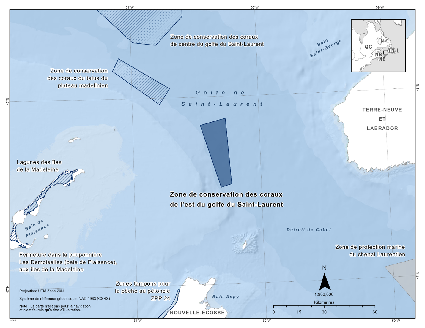 Carte de la zone de conservation des coraux de l'est du golfe du Saint-Laurent représentée en bleu foncé. La carte présente également les autres refuges marins de la zone par des lignes diagonales bleu foncé (zone de conservation des coraux du centre du golfe du Saint-Laurent, pente des hauts-fonds de la Madeleine, fermeture des lagunes des Îles-de-la-Madeleine, pouponnière Les Demoiselles, zone tampon pour le pétoncle ZPP 24).