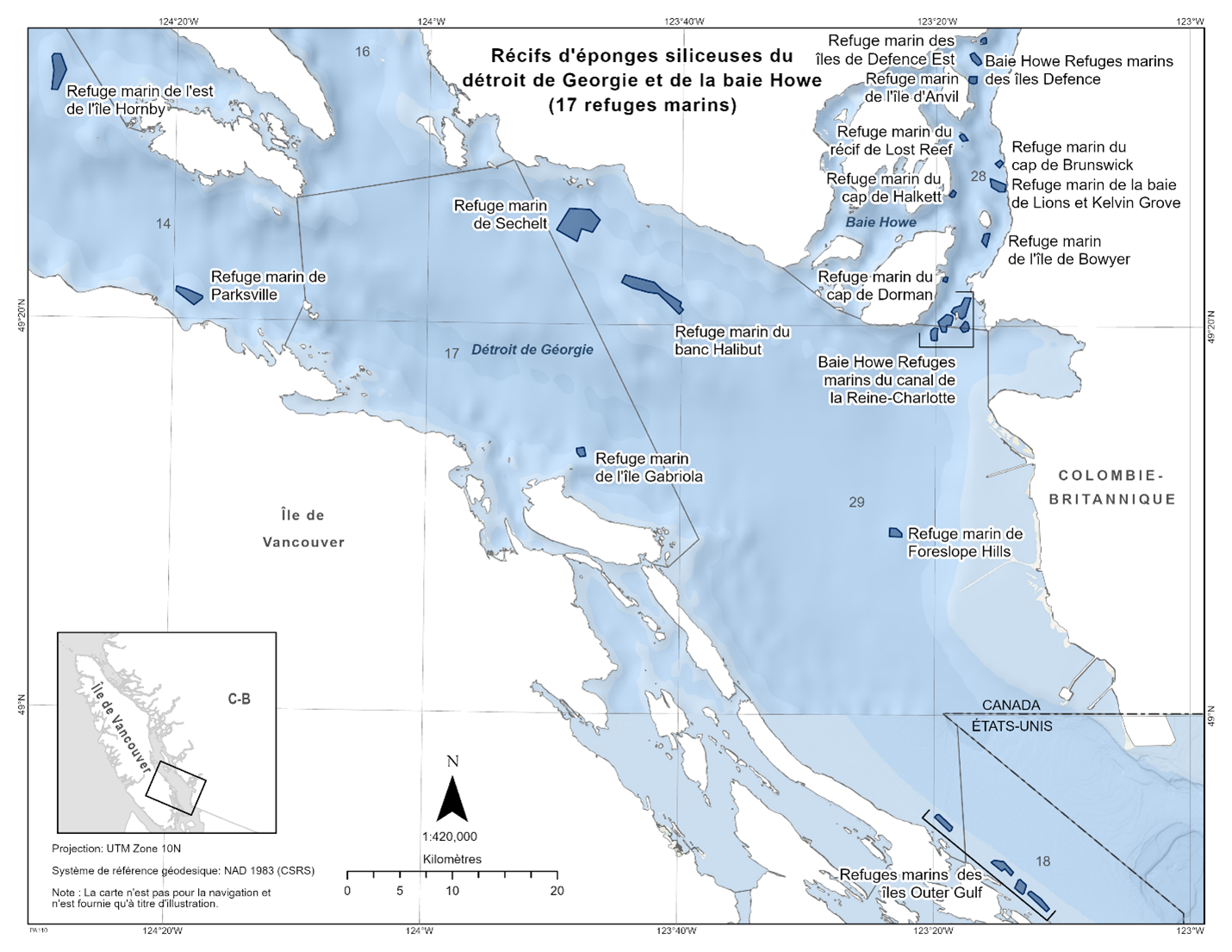 Carte des récifs d’éponges siliceuses du détroit de Georgia et de la baie Howe en bleu foncé. 
