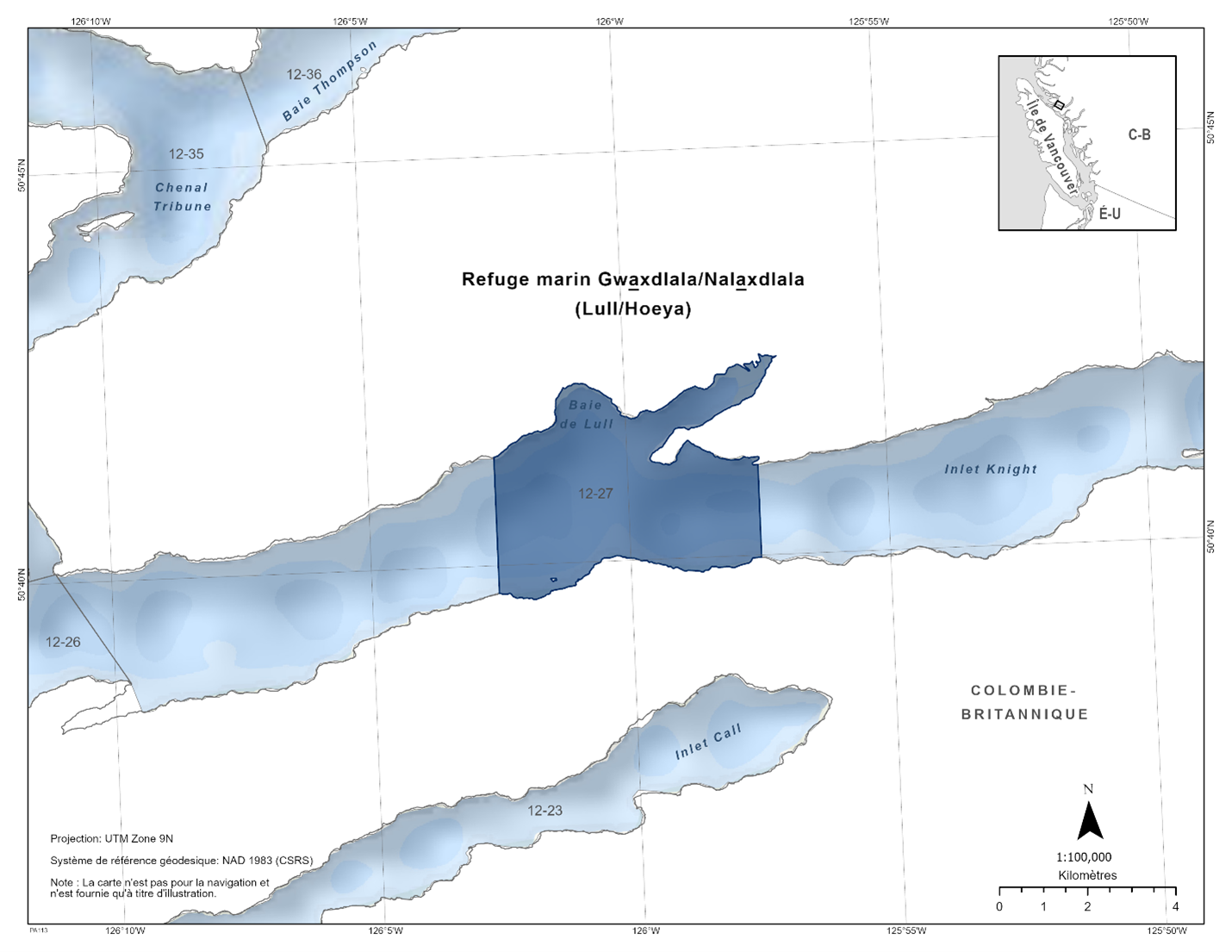 Carte du refuge marin de Gwaxdlala/Nalaxdlala (Lull/Hoeya) en bleu foncé. 