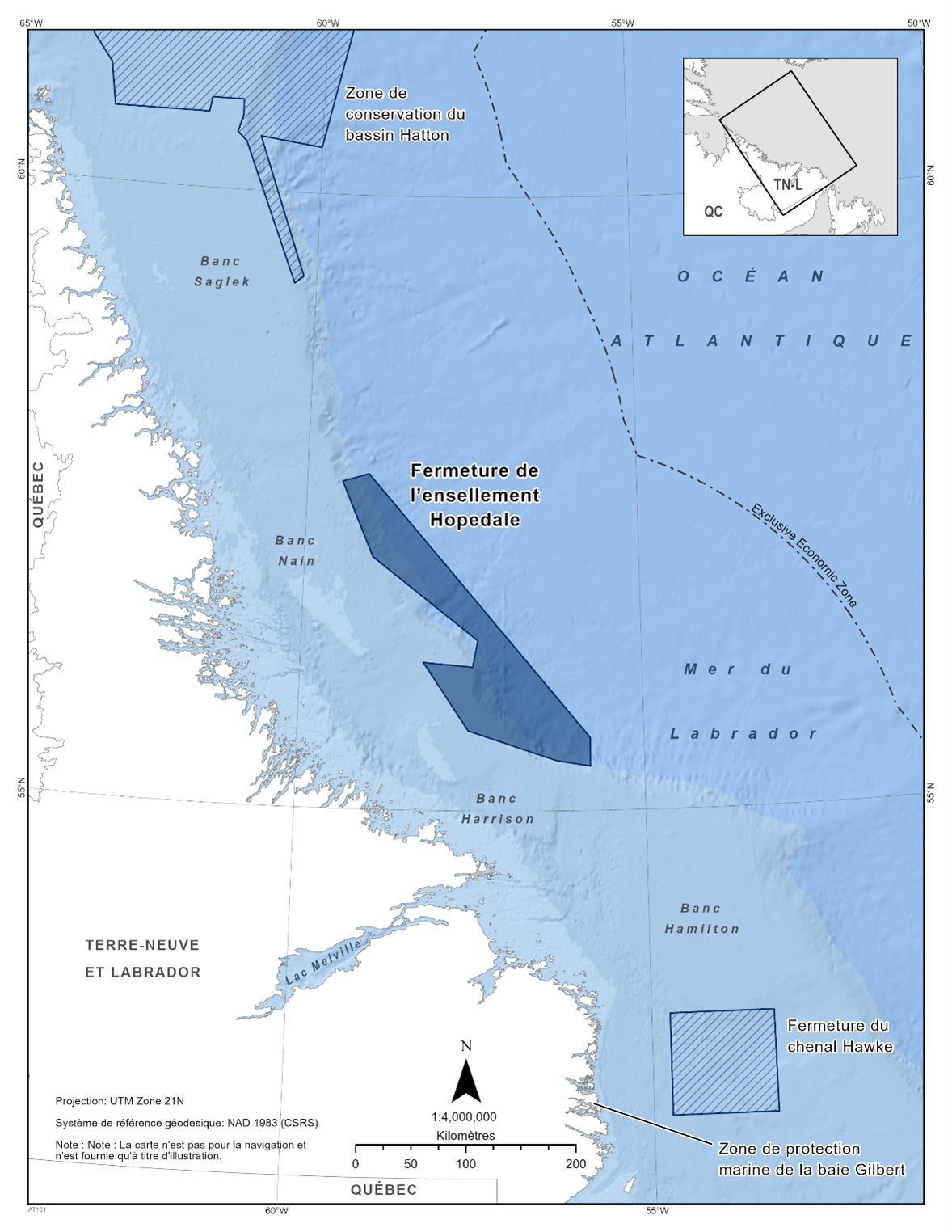 Carte de la fermeture de l’ensellement Hopedale en bleu foncé. La carte présente également d'autres refuges marins dans la région avec des lignes diagonales bleu foncé (zone de conservation du bassin Hatton & fermeture du chenal Hawke).