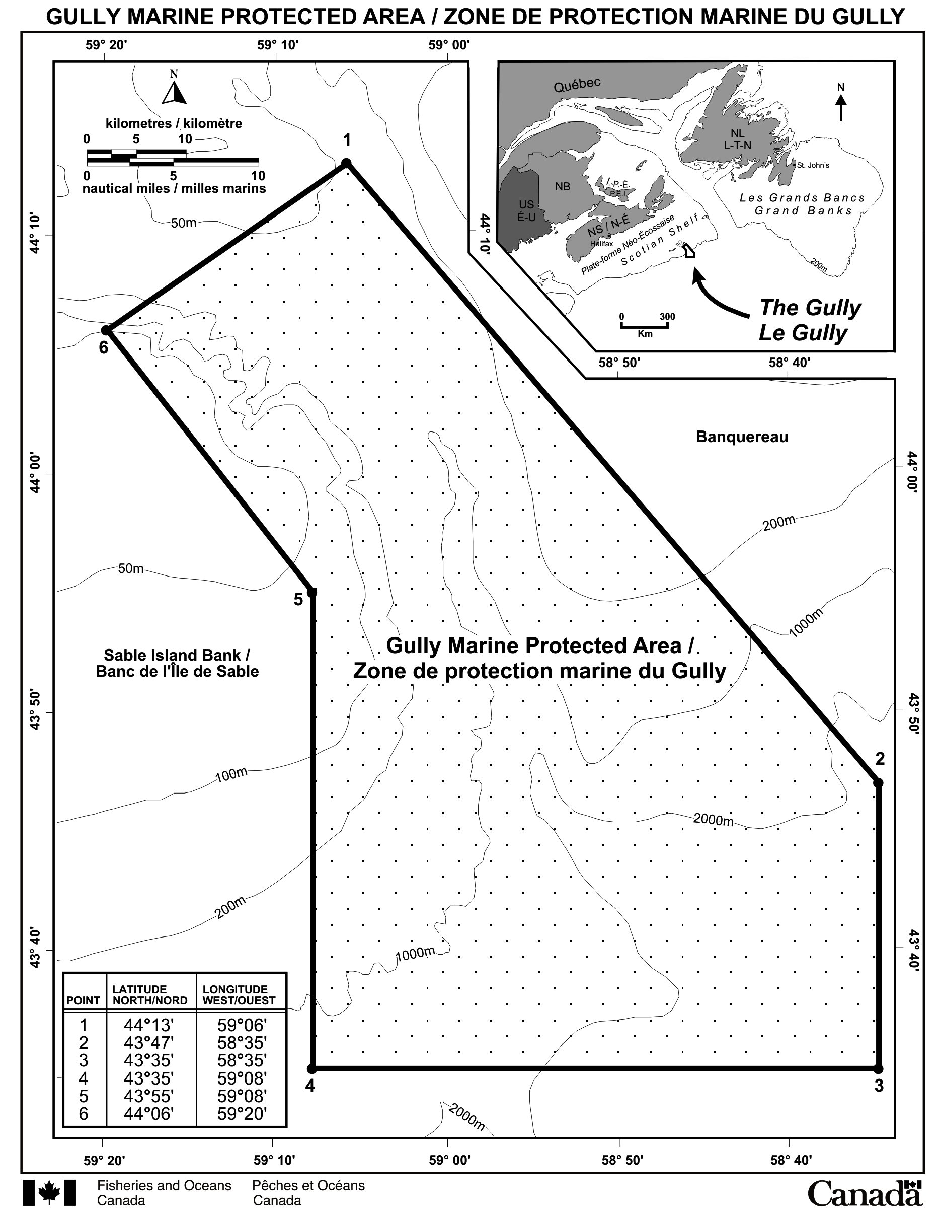 Carte de la zone marine protégée du Gully, avec le site rempli de points gris clair. Les coordonnées de la zone marine protégée se trouvent dans le coin inférieur gauche. 