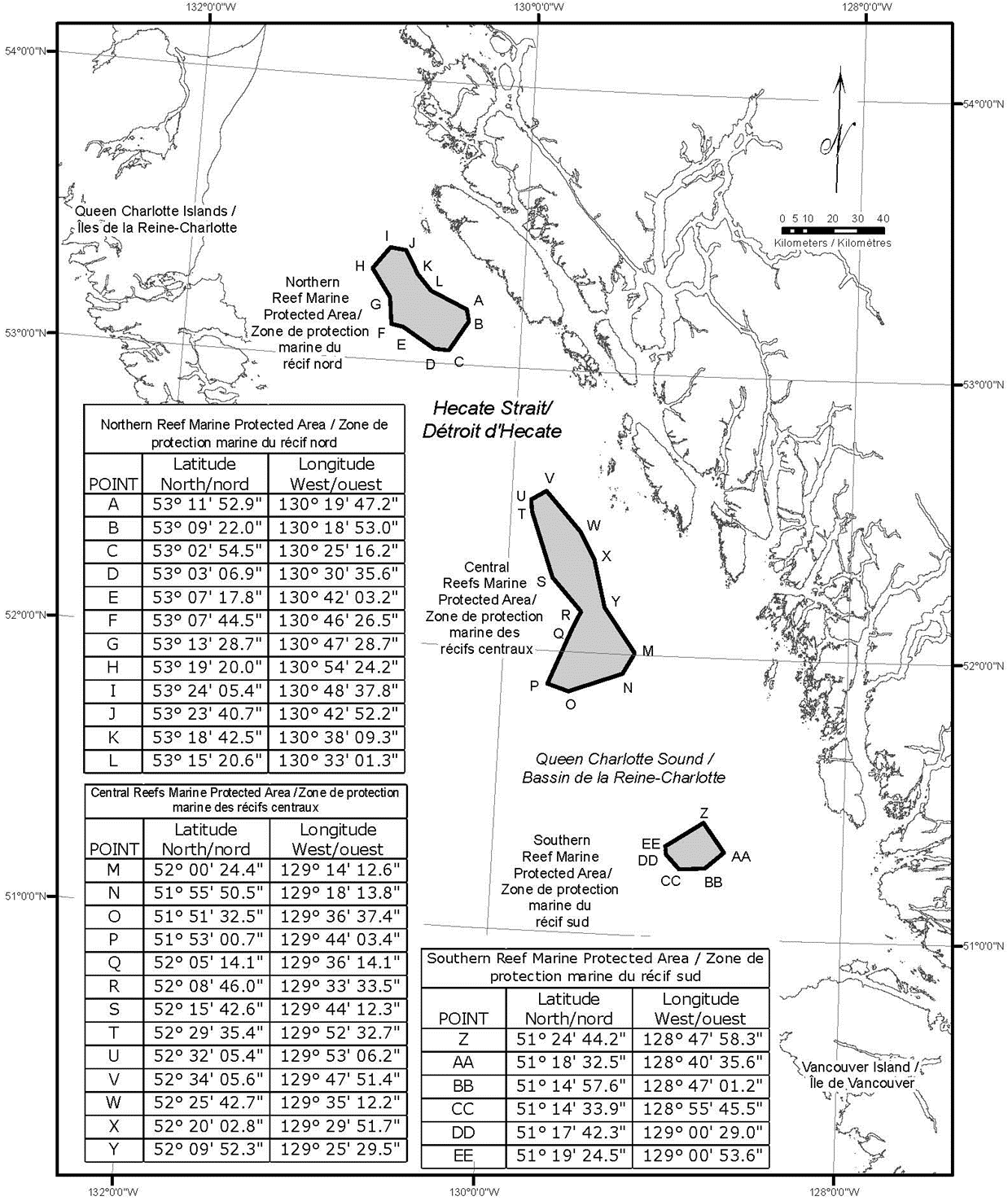 Carte de la zone de protection marine des récifs d'éponges de verre du détroit d'Hécate et du détroit de la Reine-Charlotte. Les coordonnées de la zone marine protégée se trouvent à gauche. 