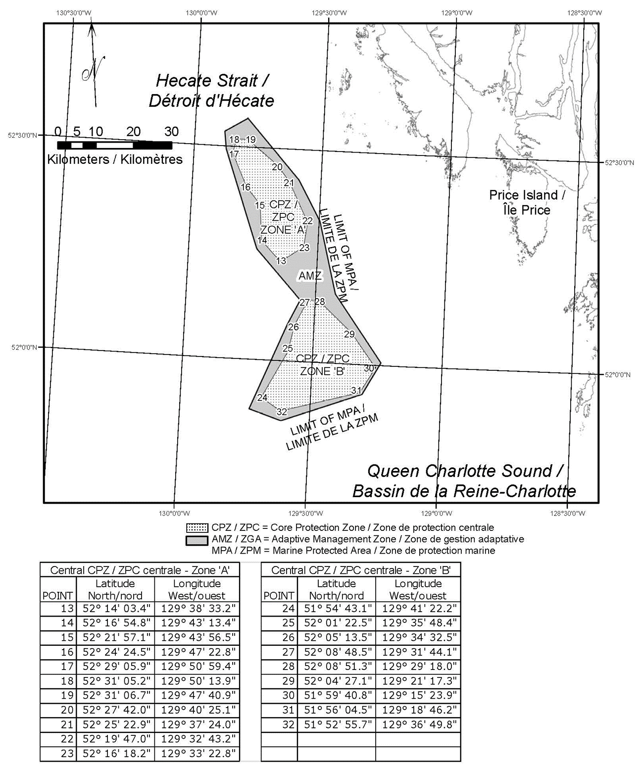 Carte de l'aire marine protégée de Central Reefs, représentant la zone centrale de protection, la zone de gestion adaptative et l'aire marine protégée en différentes nuances de gris. Les coordonnées se trouvent dans le coin inférieur gauche.