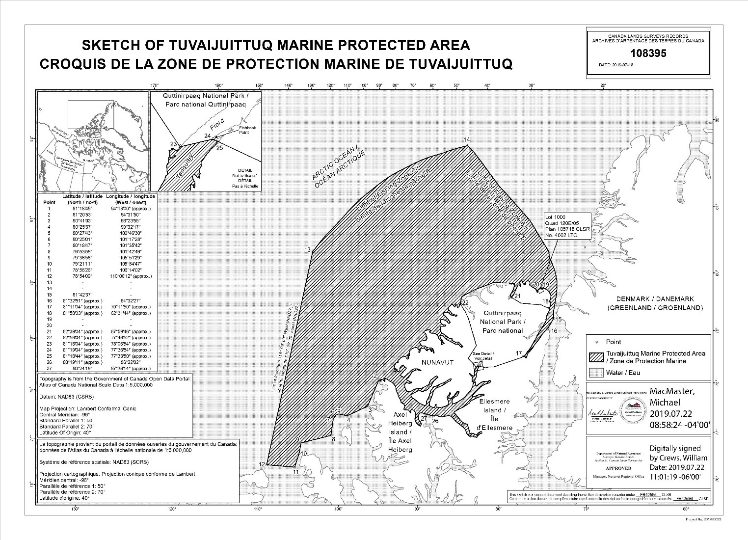 Carte de l'aire marine protégée de Tuvaijuittuq représentée par des lignes diagonales noires. Les coordonnées de l'aire marine protégée se trouvent à gauche. 