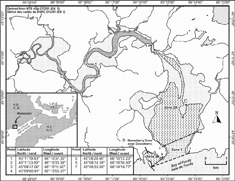 Carte de la zone de protection marine de l'estuaire de la Musquash, illustrant ses zones avec différents motifs de points. Les coordonnées de la zone marine protégée se trouvent dans le coin inférieur gauche.