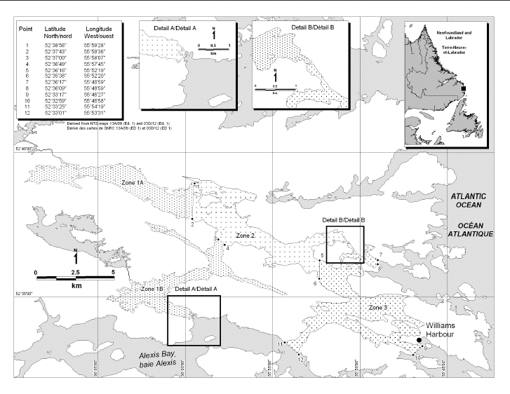 Carte de l'aire marine protégée de la baie Gilbert, illustrant les différentes zones qui la composent par différents motifs de points. 