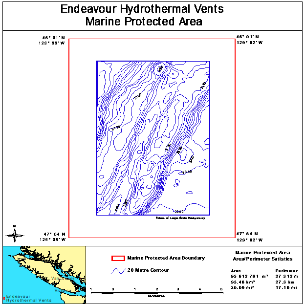 Carte de la zone marine protégée du champ hydrothermal d'Edeavour, avec des courbes de niveau bleues représentant la bathymétrie du site. 