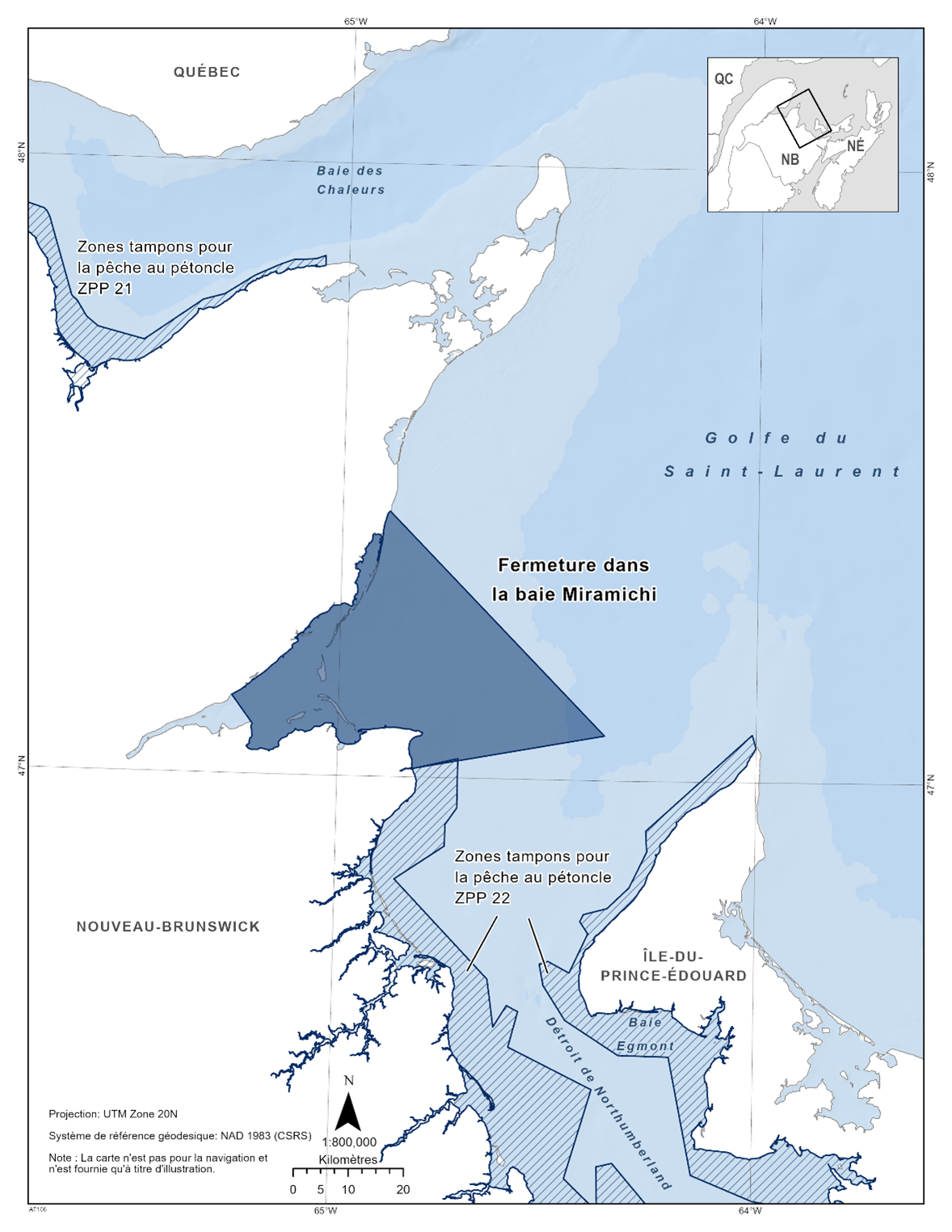Carte de la fermeture de la baie de Miramichi en bleu foncé. La carte montre également les refuges marins situés à proximité avec des lignes diagonales bleu foncé (zone tampon pour le pétoncle ZPP 21 et ZPP 22).