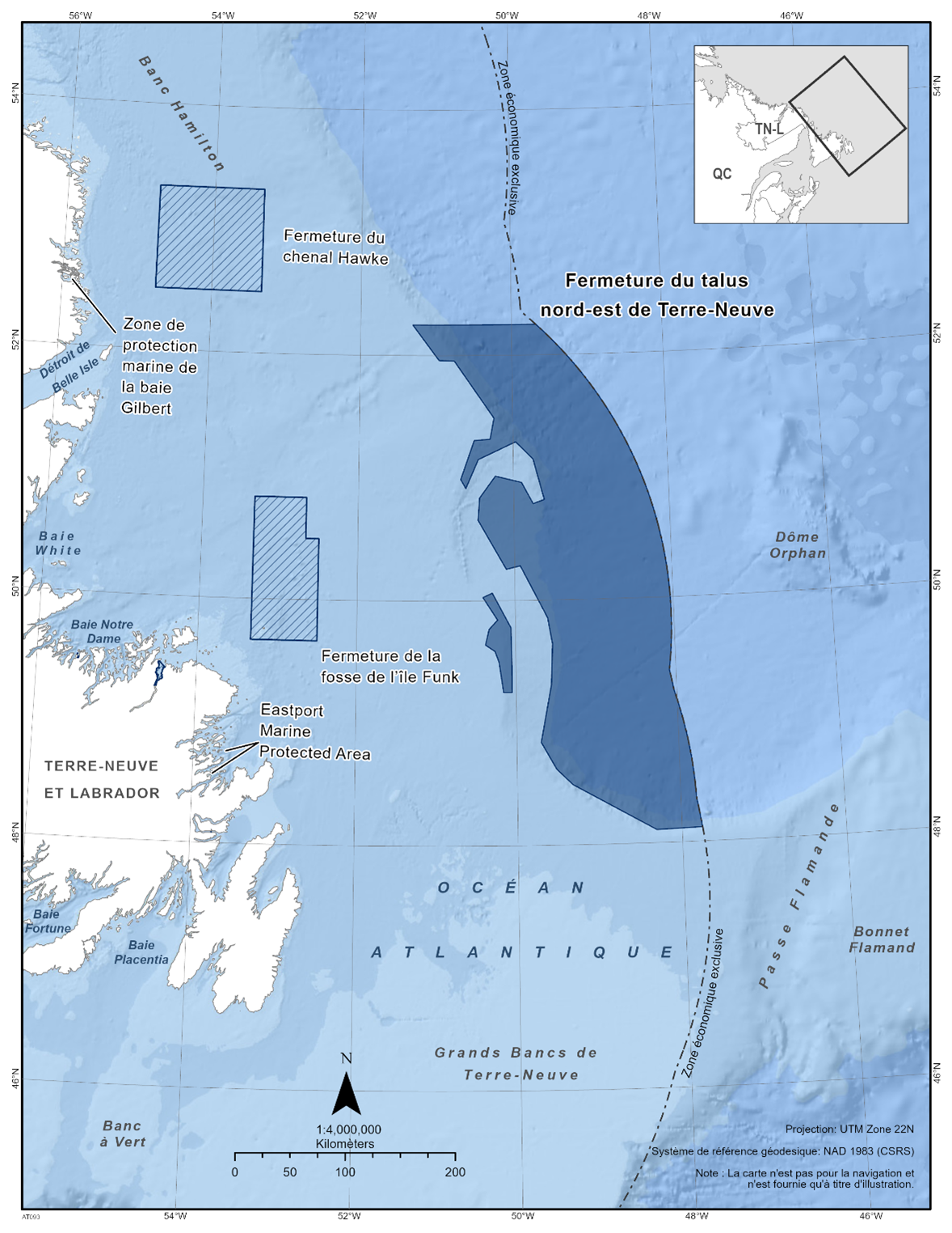 Carte de la fermeture du talus nord-est de Terre-Neuve en bleu foncé. La carte montre également d'autres refuges marins à proximité avec des lignes diagonales bleu foncé (fermeture du chenal Hawke et fermeture de l'île Funk). 