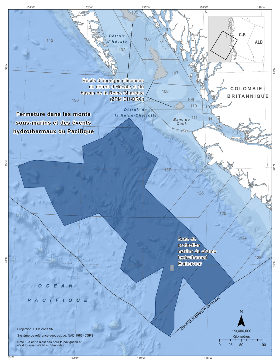 Carte de la fermeture dans les monts et des évents hydrothermaux du Pacifique en bleu foncé. 