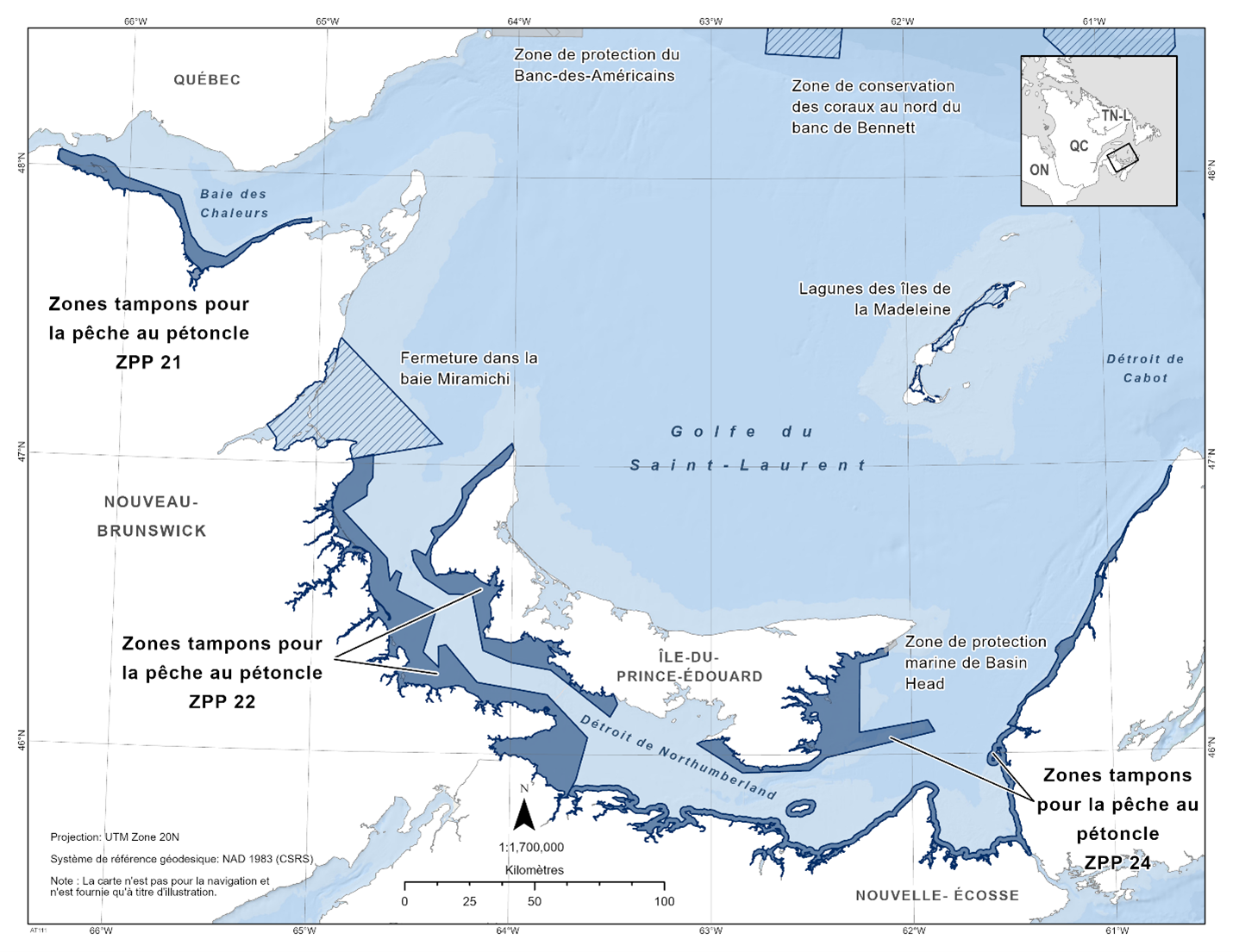 Carte de les zones tampons pour la pêche de pétoncle ZPP 21, ZPP 22 et ZPP 24 représentée en bleu foncé. La carte inclut également les autres refuges marins situés à proximité avec des lignes diagonales bleu foncé (zone de conservation du corail du nord du banc Bennett, lagunes des Îles-de-la-Madeleine, baie de Miramichi).