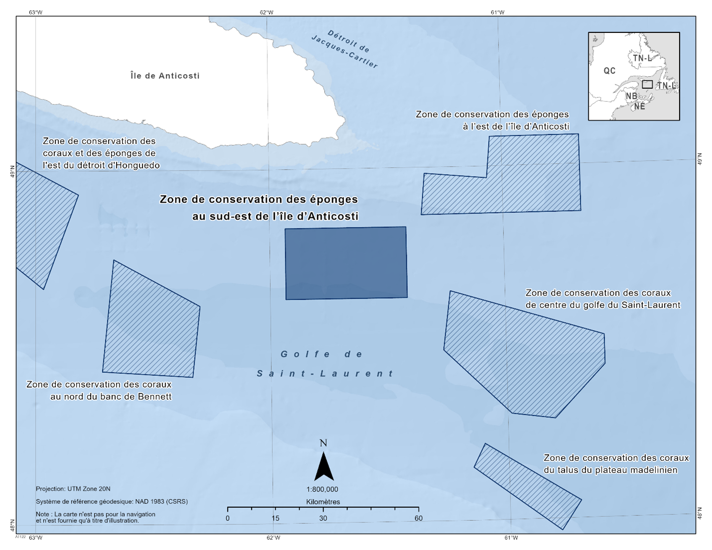Carte de la zone de conservation des éponges du sud-est de l'île d'Anticosti en bleu foncé. La carte présente également d'autres refuges marins à proximité avec des lignes diagonales bleu foncé (aire de conservation du corail et de l'éponge de l'est du détroit d'Honguedo, aire de conservation de l'éponge de l'est de l'île d'Anticosti, aire de conservation du corail du nord du banc de Bennett, aire de conservation du corail du centre du golfe du Saint-Laurent, aire de conservation du corail de la pente des hauts-fonds de la Madeleine).