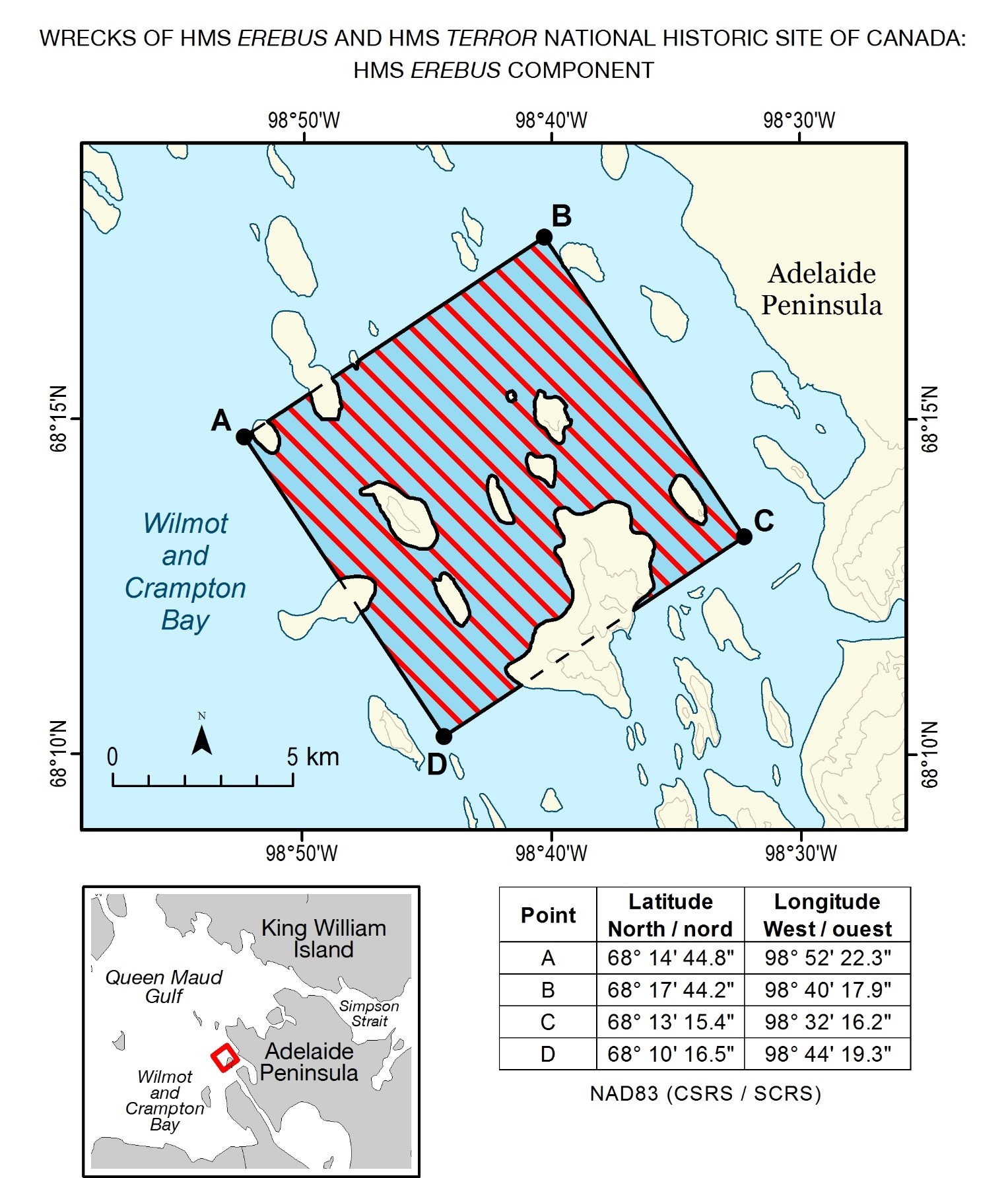 Carte avec points de
                 coordonnées indiquant la limite des fonds marins protégés 
                 entourant le site de l'épave du HMS Erebus.