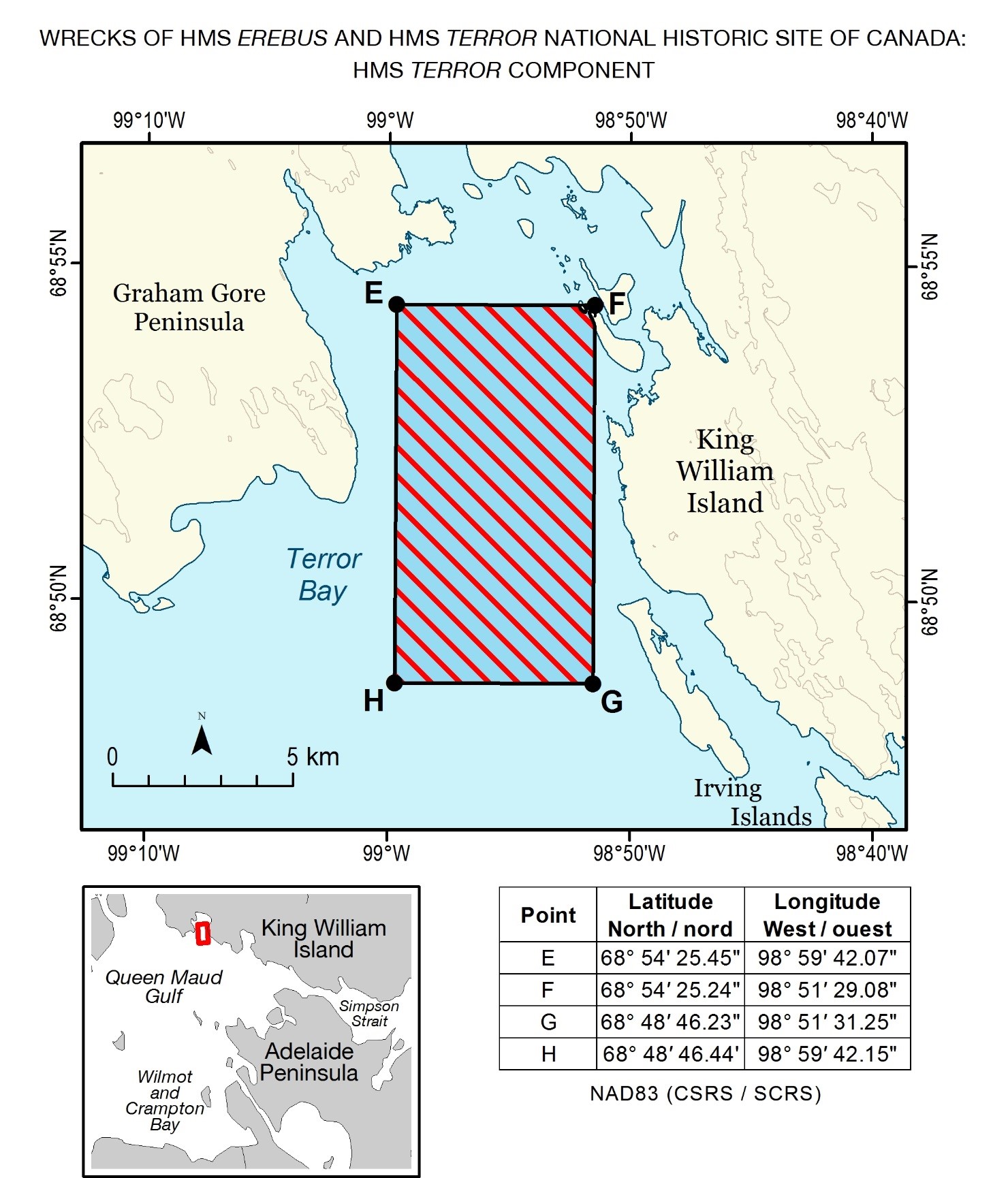 Carte avec points de 
                 coordonnées indiquant la limite des fonds marins protégés
                 entourant le site de l'épave du HMS Terror.