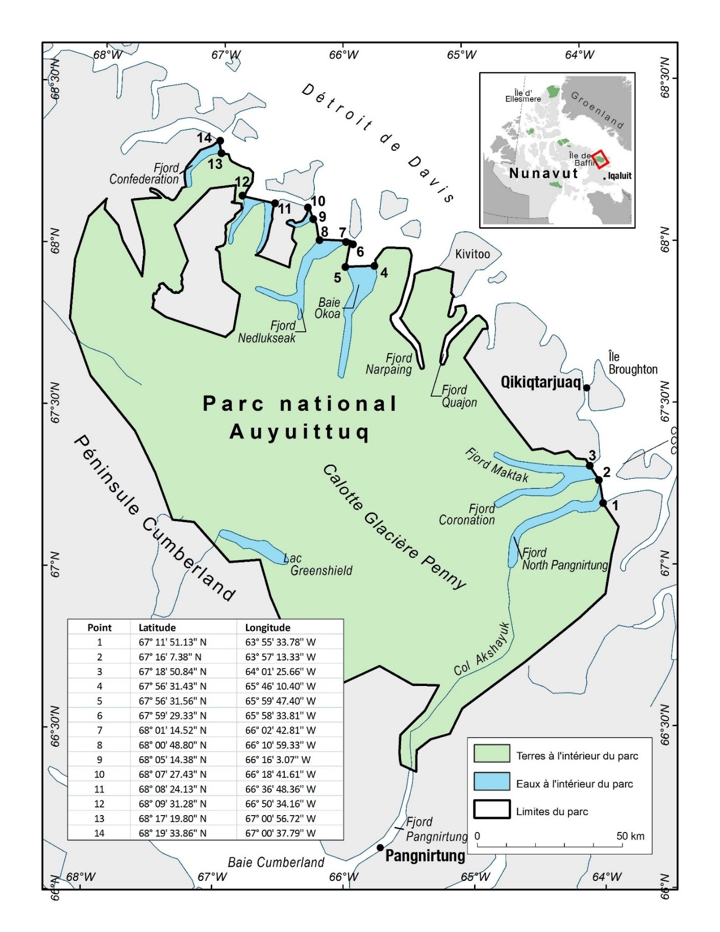 Carte du parc national du Canada Auyuittuq avec des points
                 de coordonnées pour indiquer ses limites lorsqu'on y accède 
                 par l'eau.
