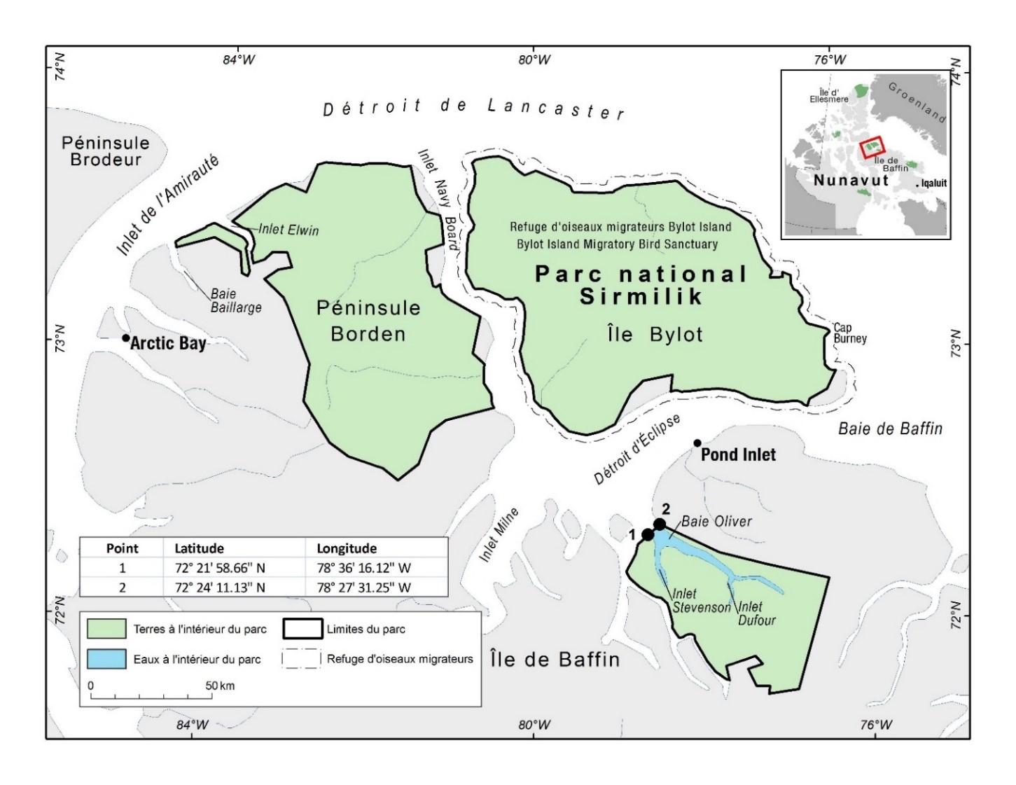 Carte du parc national du Canada Sirmilik avec des points
                 de coordonnées pour indiquer ses limites lorsqu'on y accède 
                 par l'eau.