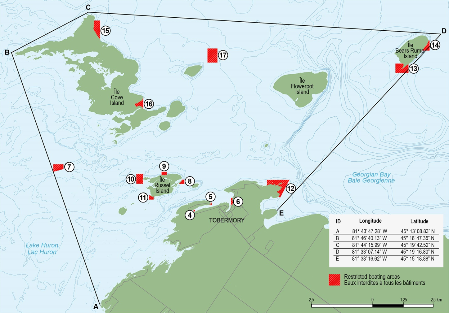 Carte du parc marin national Fathom Five avec des couleurs pour indiquer les zones réglementées.Coordonnées