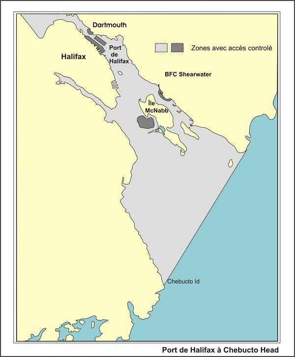Une carte maritime montrant les limites des zones avec accès contrôlé dans le port d'Halifax