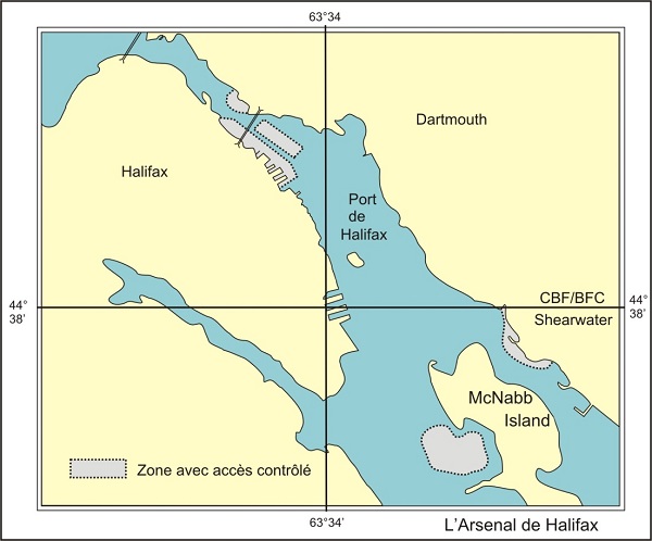 Une carte maritime montrant les limites de 200 m des zones avec accès contrôlé dans le port d'Halifax.