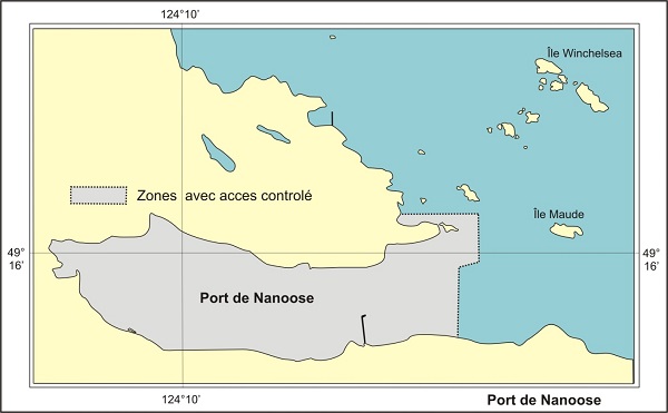 Une carte maritime montrant les limites des zones avec accès contrôlé dans le port de Nanoose