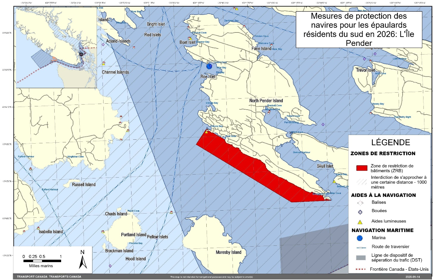 Carte rectangulaire grise, verte et jaune. L'ile Pender, qui est une zone de
  refuge provisoire, est illustrée en rouge. Ceci fait partie des mesures 
  générales concernant les navires dans le dossier des épaulards résidents du sud. 