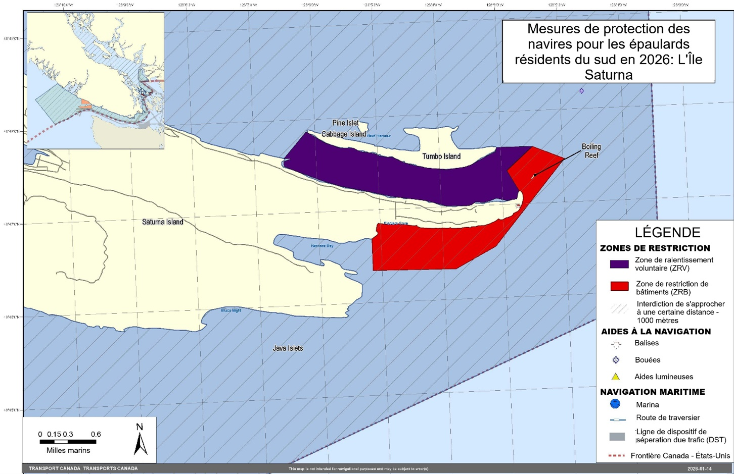 Carte rectangulaire grise, bleue, verte et jaune. L'ile Saturna, est une 
  zone de refuge provisoire, est illustrée en rouge. Ceci fait partie des mesures 
  générales concernant les navires dans le dossier des épaulards résidents du sud. 