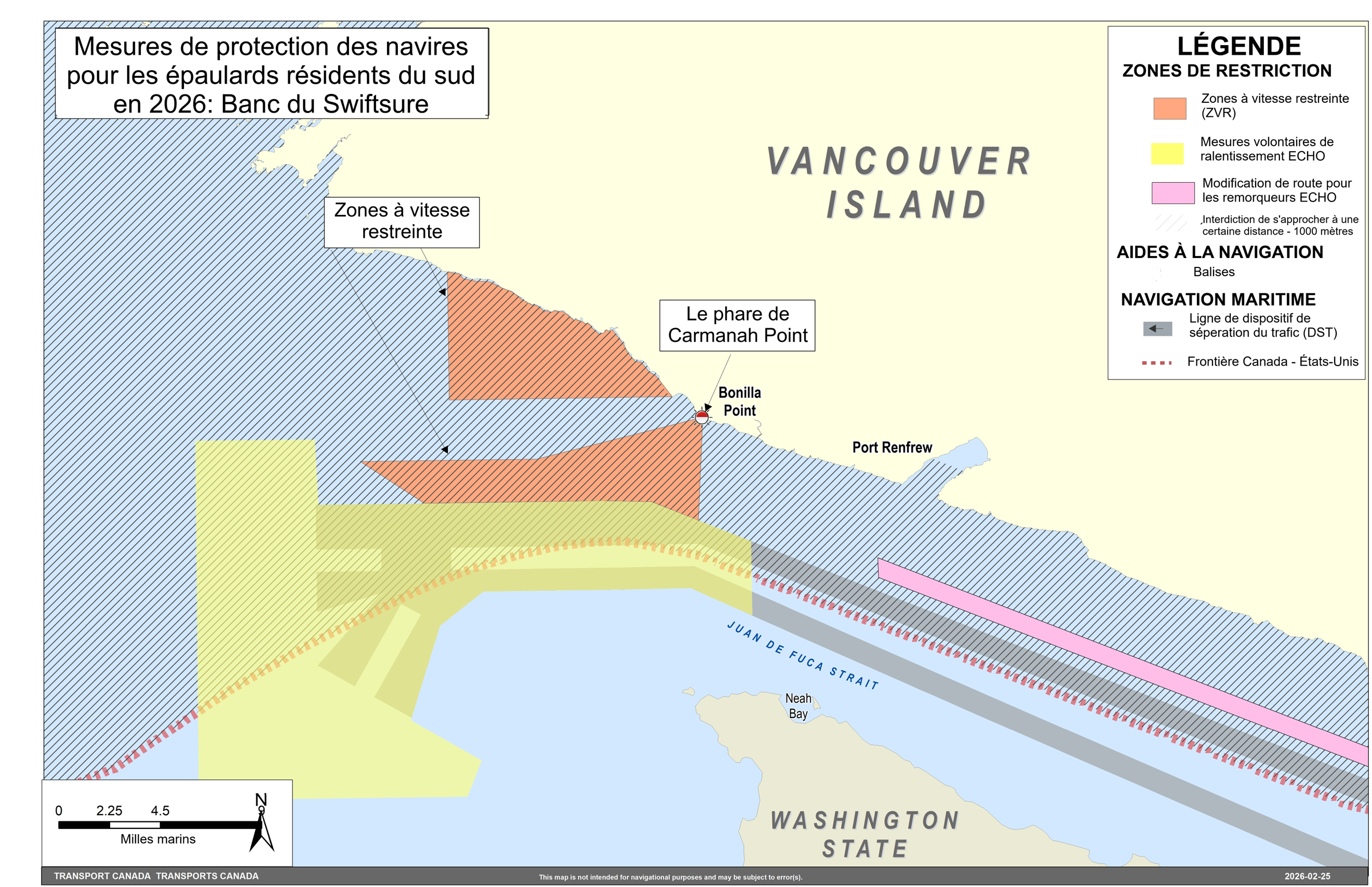 Carte rectangulaire grise, bleue, verte et jaune. L'ile Saturna, est une zone
  de refuge provisoire, est illustrée en rouge. Ceci fait partie des mesures 
  générales concernant les navires dans le dossier des épaulards résidents du sud. 