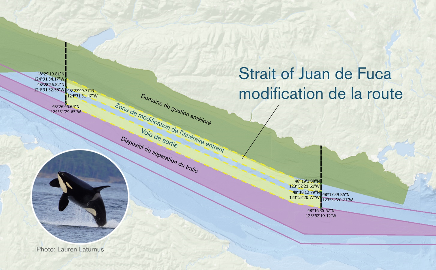 Carte rectangulaire bleue, jaune, verte et mauve 
                     montrant la zone de déplacement latéral côtier volontaire
                     du détroit de Juan de Fuca. On peut aussi voir une image 
                     dans un cercle d'un épaulard résident du sud sautant hors
                     de l'eau.
