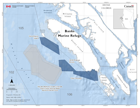 Map of the Banks Marine Refuge in dark blue. The map also features the Hecate Strait and Queen Charlotte Sound Glass Sponge Reefs Marine Protected Area.