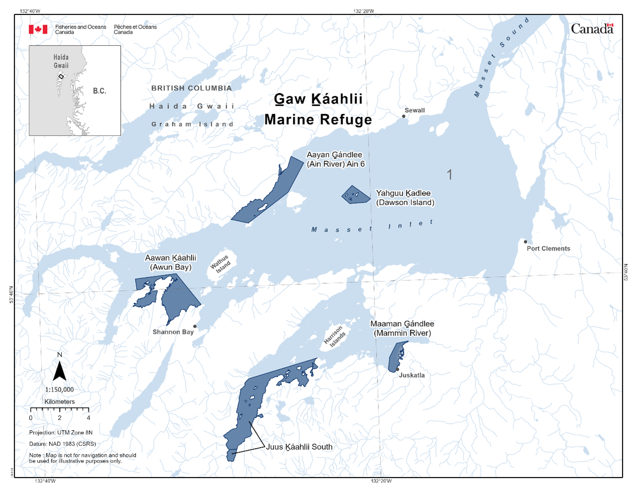 Map of the G̱aw Ḵáahlii Marine Refuge in dark blue located within Masset Inlet.