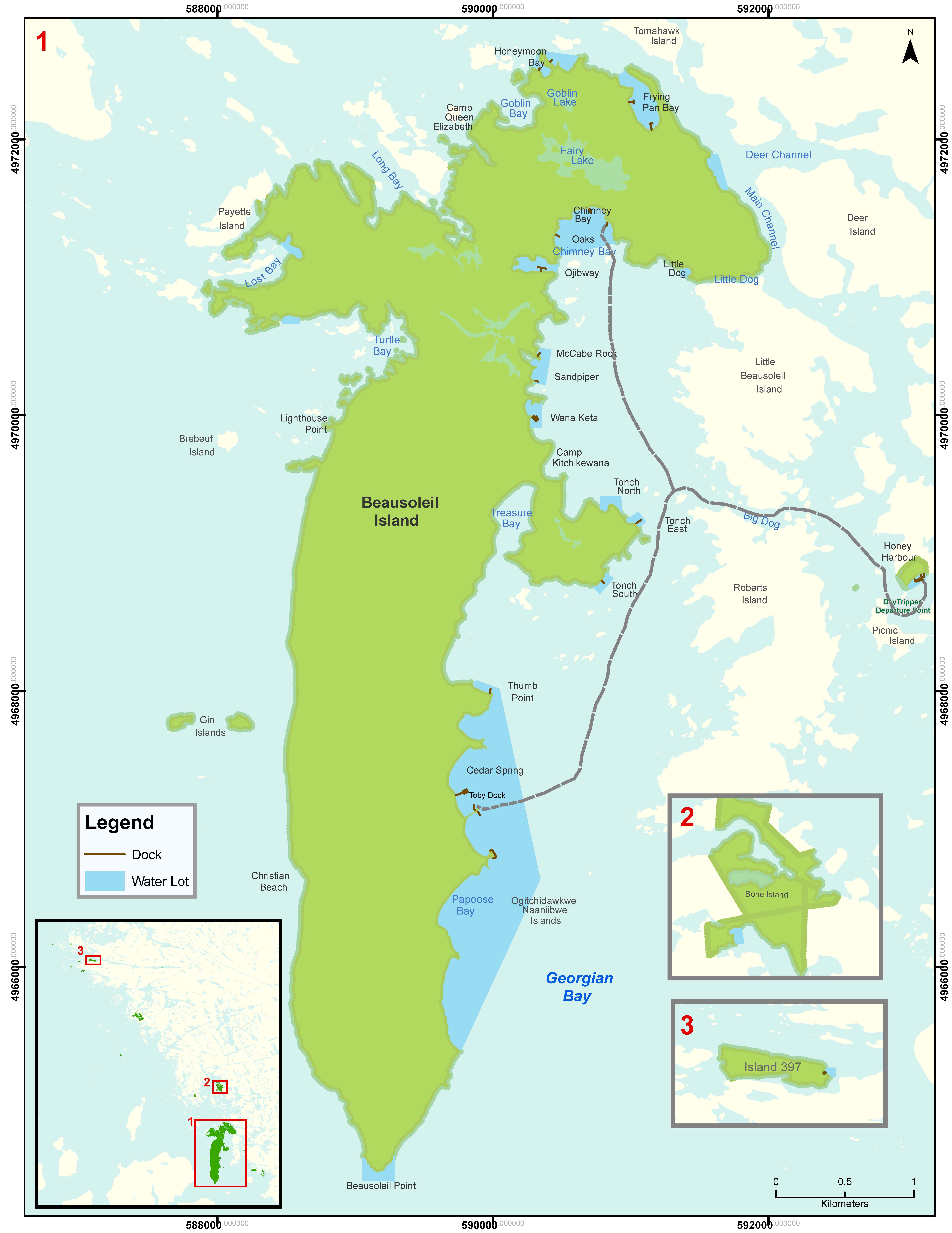 Map of Georgian Bay Islands National Park of Canada with colour to indicate its boundary, docks and water lot.
