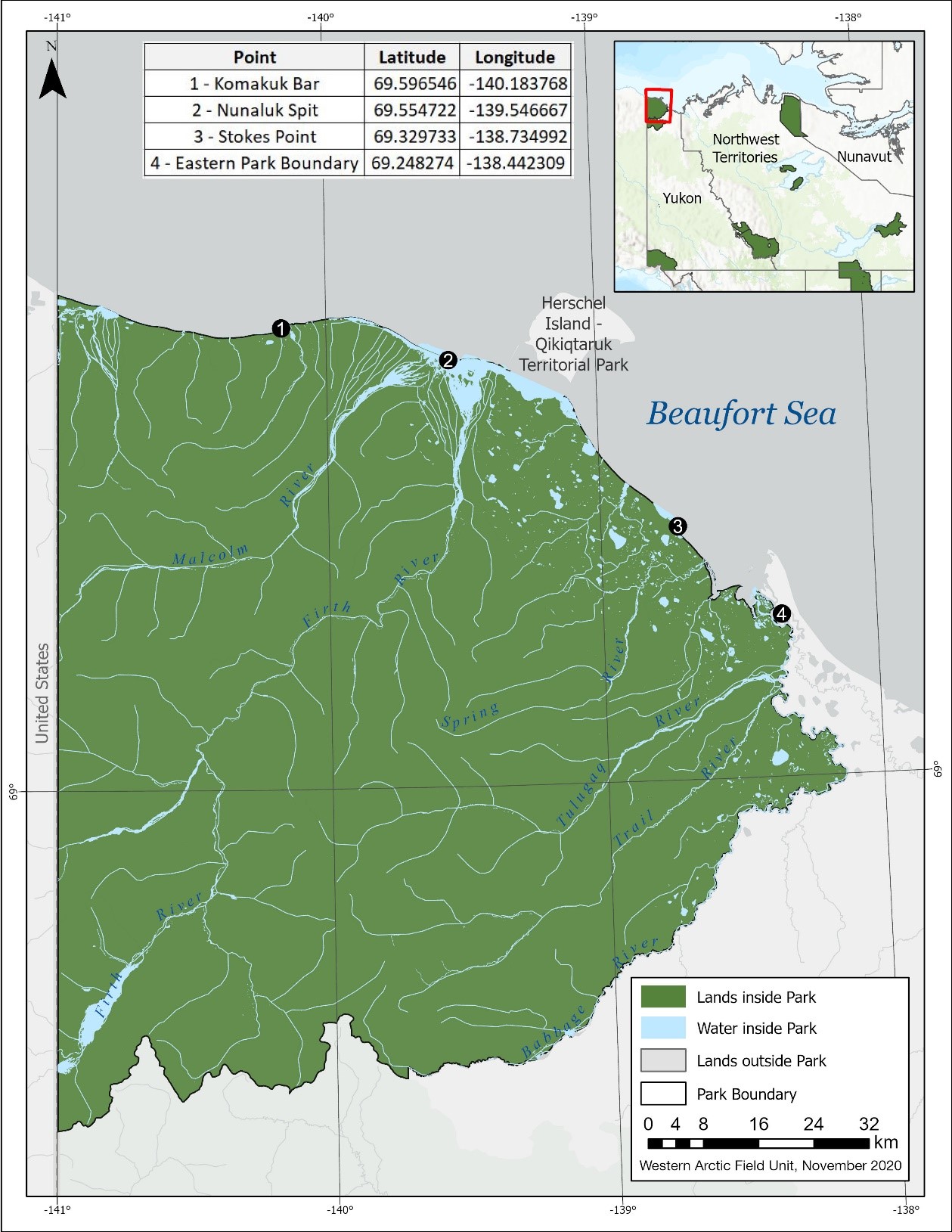 Map of Ivvavik National Park of Canada with coordinate points to indicate its boundary when accessed by water.