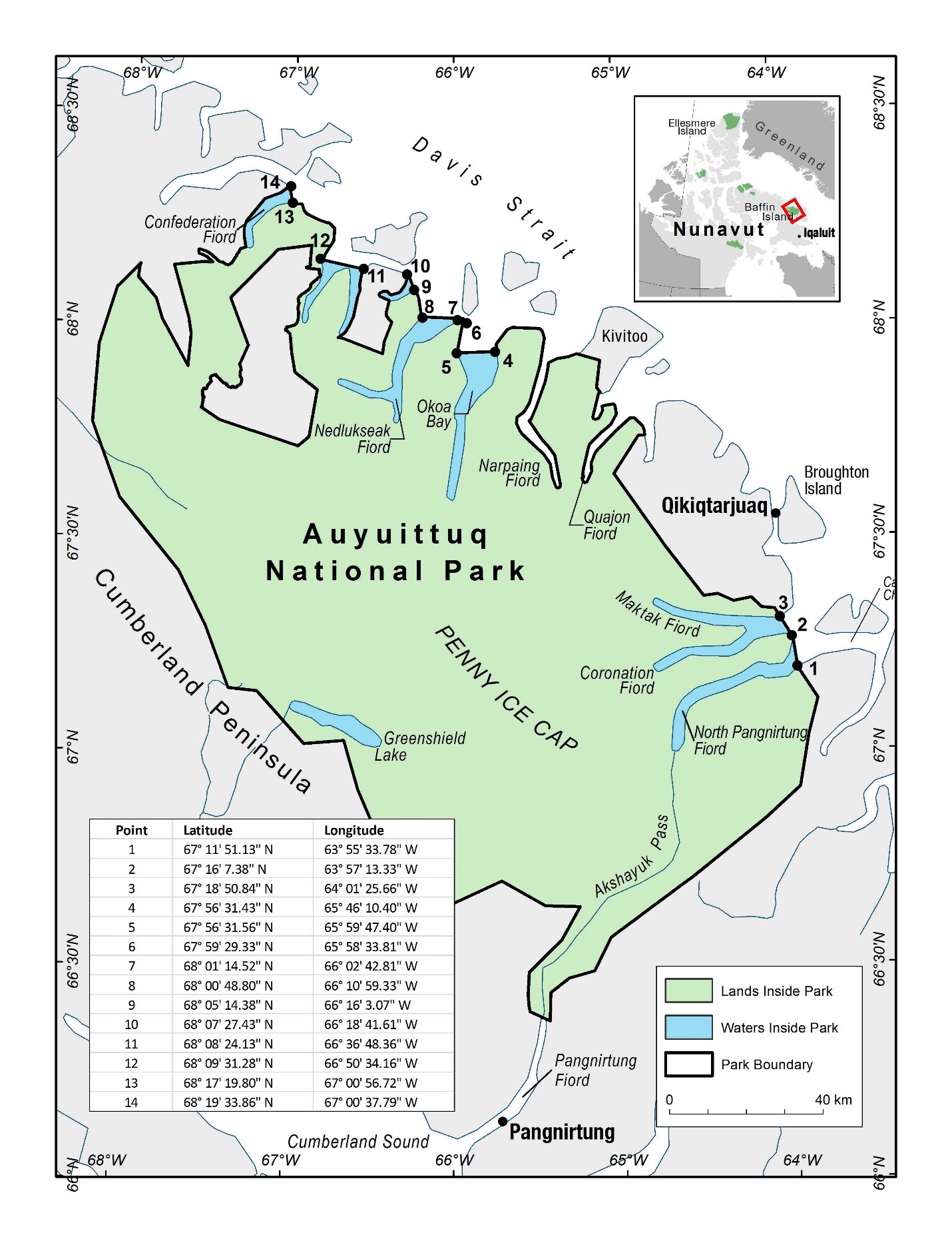 Map of Auyuittuq National Park of Canada with coordinate points to indicate its boundary when accessed by water.