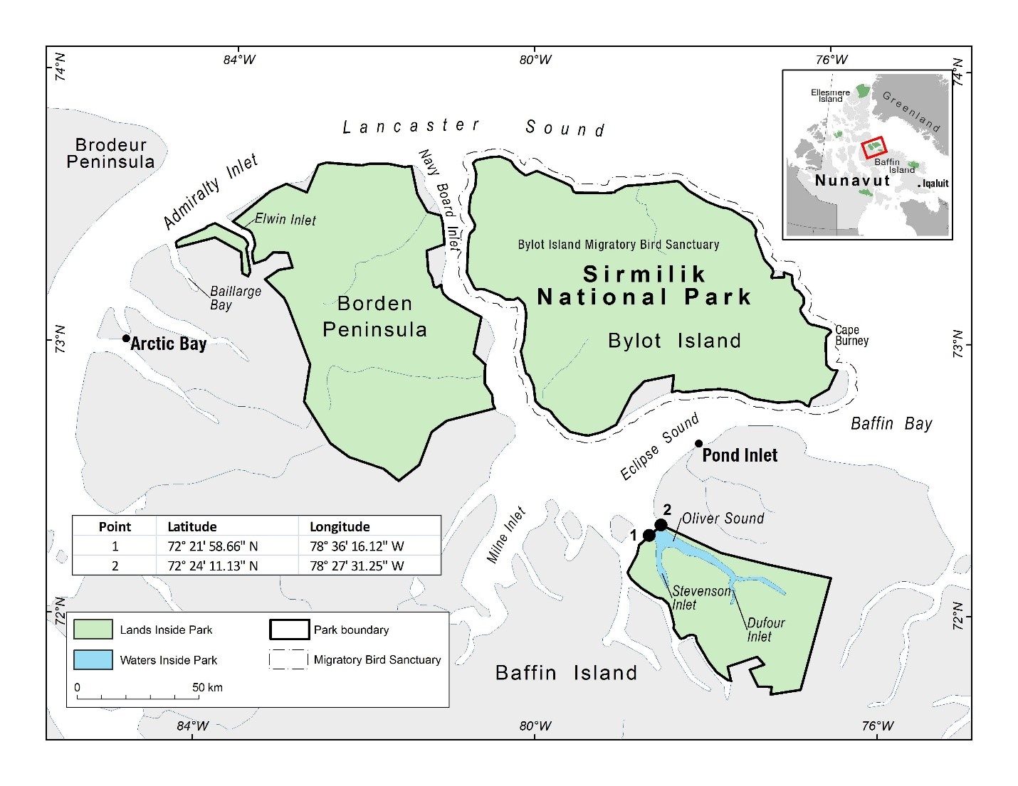 Map of Sirmilik National Park of Canada with coordinate points to indicate its boundary when accessed by water.