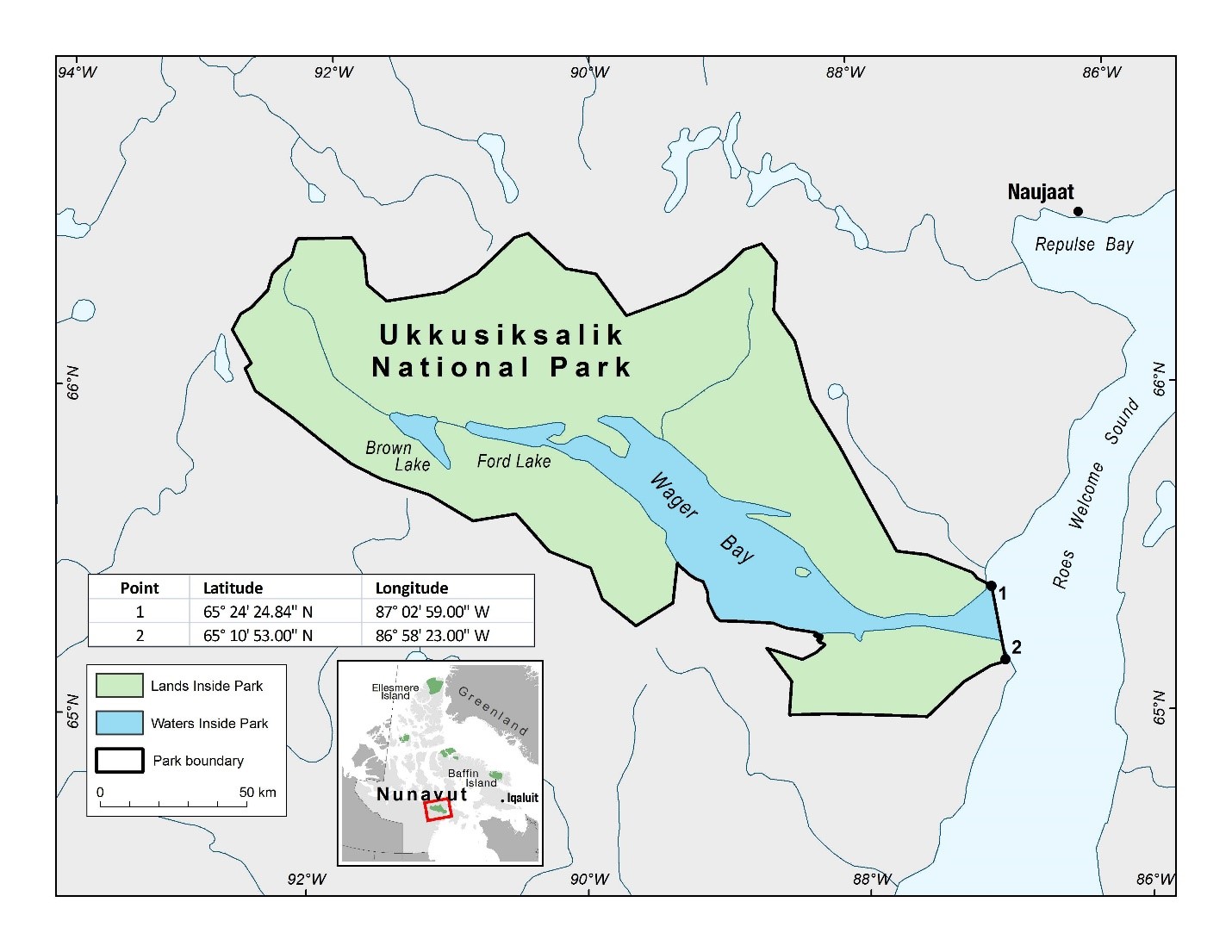 Map of Ukkusiksalik National Park of Canada with coordinate points to indicate its boundary when accessed by water.