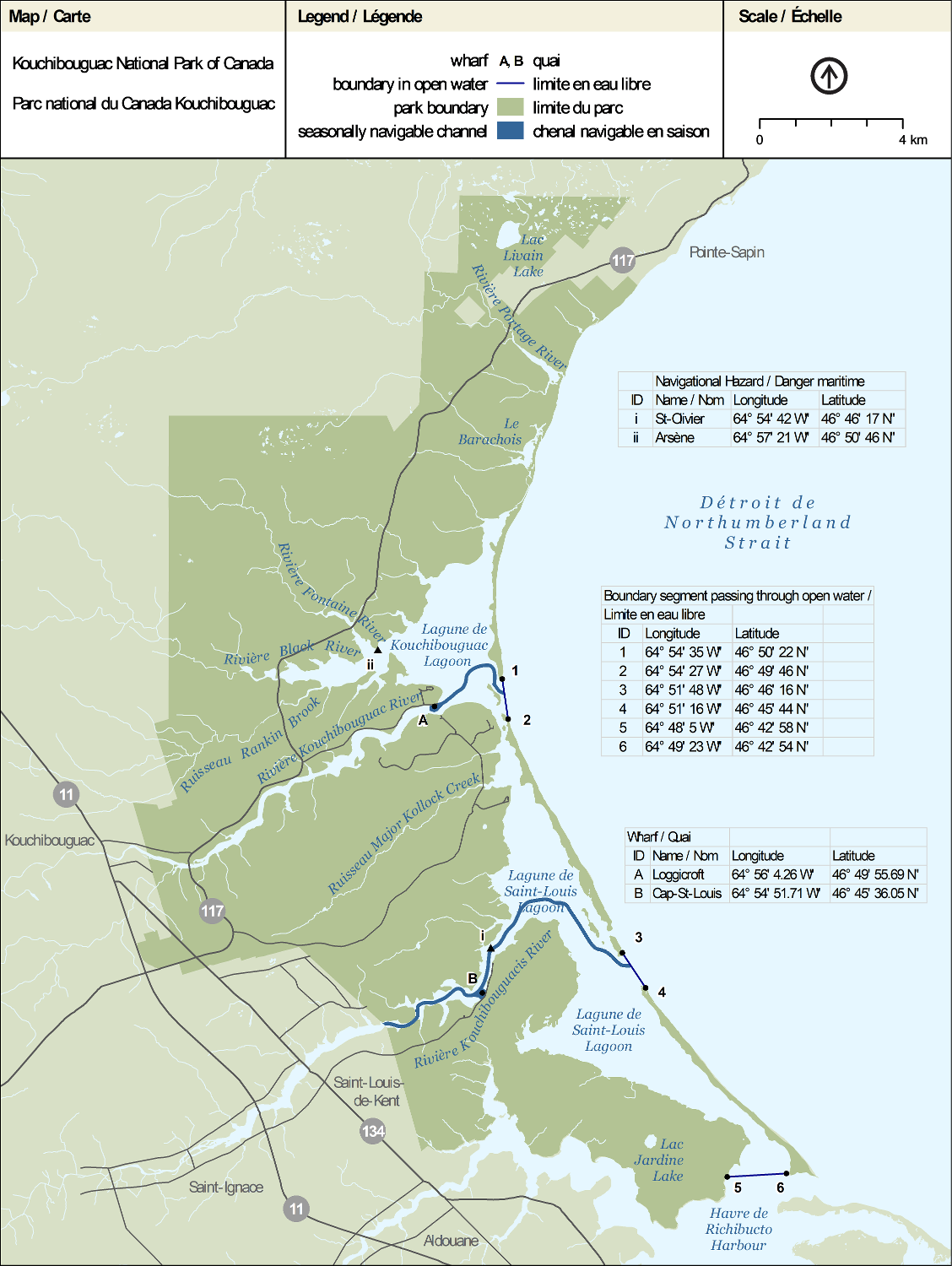 Map of Kouchibouguac National Park indicating wharfs, navigational hazards, navigable channels, and open water boundaries.