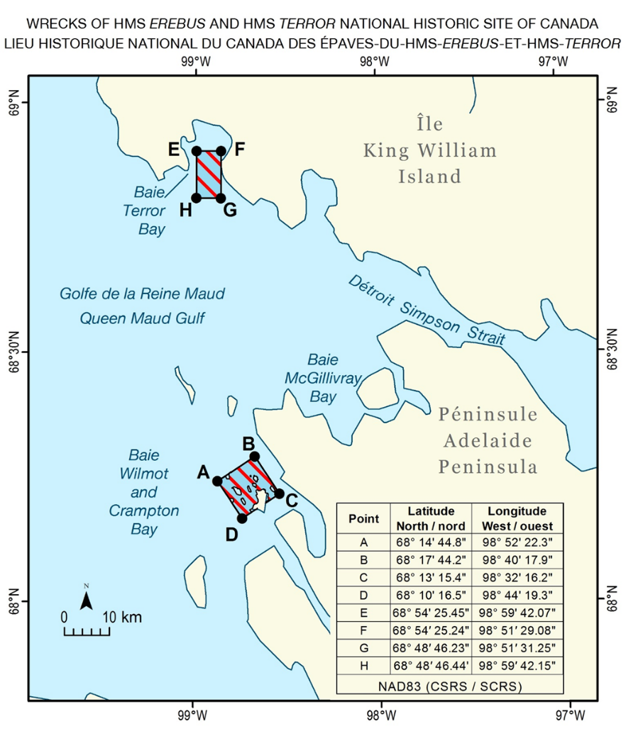 Map with coordinate points to indicate the protected seabed boundary surrounding the sites of the Wreck of HMS Terror and the Wreck of HMS Erebus.