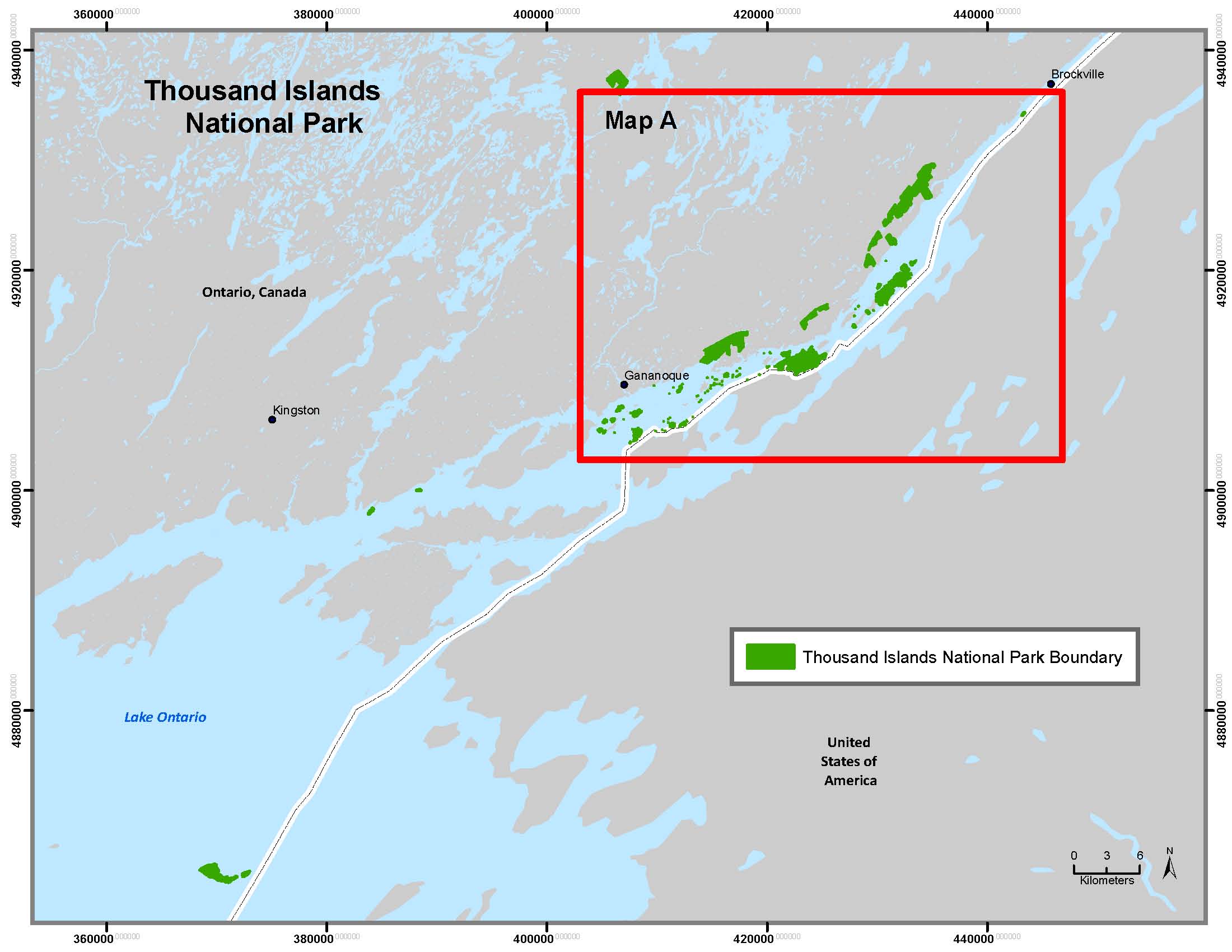 Map of Thousand Islands National Park of Canada with colour to indicate its boundary.