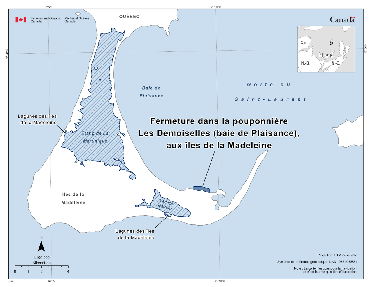 Carte de la fermeture de la pouponnière Les Demoiselles (baie de Plaisance) aux Îles-de-la-Madeleine indiquée en bleu foncé. La fermeture de la lagune des Îles-de-la-Madeleine est indiquée par des lignes diagonales.