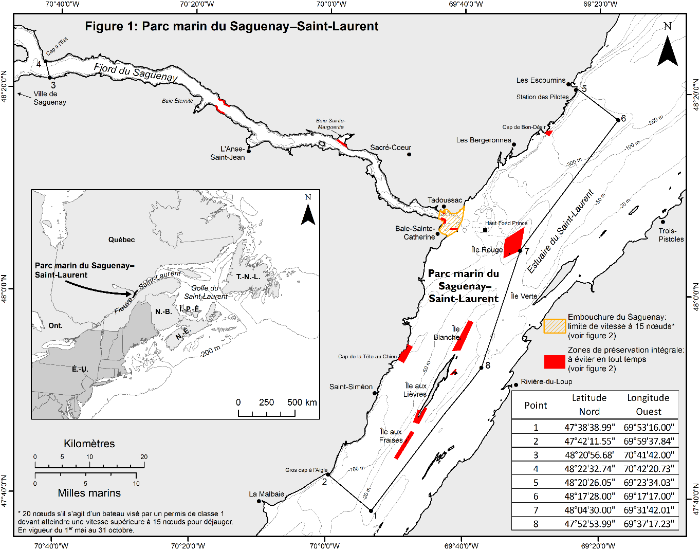 Carte du parc marin Saguenay-Saint-Laurent avec des points
                 de coordonnées pour indiquer ses limites.