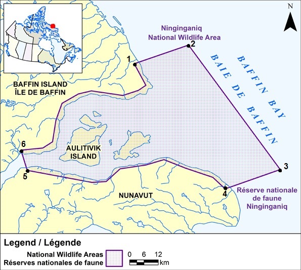 Carte montrant les limites géographiques de la réserve 
                 nationale de faune de Ninginganiq