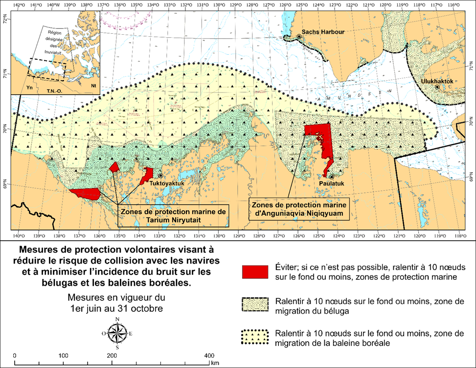 Carte des mesures de protection volontaires visant à réduire le risque de collision avec des navires et à minimiser l'impact du bruit sur les bélugas et les baleines boréales. Mesures en vigueur du 1er juin au 31 octobre. La légende indique les zones en rouge à éviter ; si cela n'est pas possible, il convient de réduire la vitesse à 10 nœuds ou moins, par rapport au fond, dans les zones marines protégées. Les zones marines protégées de Tarium Niryutait et d'Anguniaqvia Niqiqyuam sont indiquées en rouge. Les zones en jaune clair avec de petits points noirs indiquent qu'il faut ralentir à 10 nœuds ou moins, par rapport au fond, dans la zone des bélugas, et les zones en jaune clair avec de petits triangles noirs indiquent qu'il faut ralentir à 10 nœuds ou moins, par rapport au fond, dans la zone des baleines boréales. 